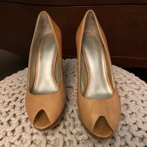 Nine West platform, stacked heel peep toes.